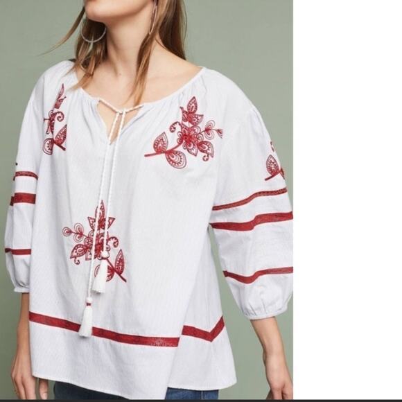 Anthropologie velvet by graham & Spencer Ola embroidered peasant top Sz M - Picture 5 of 11